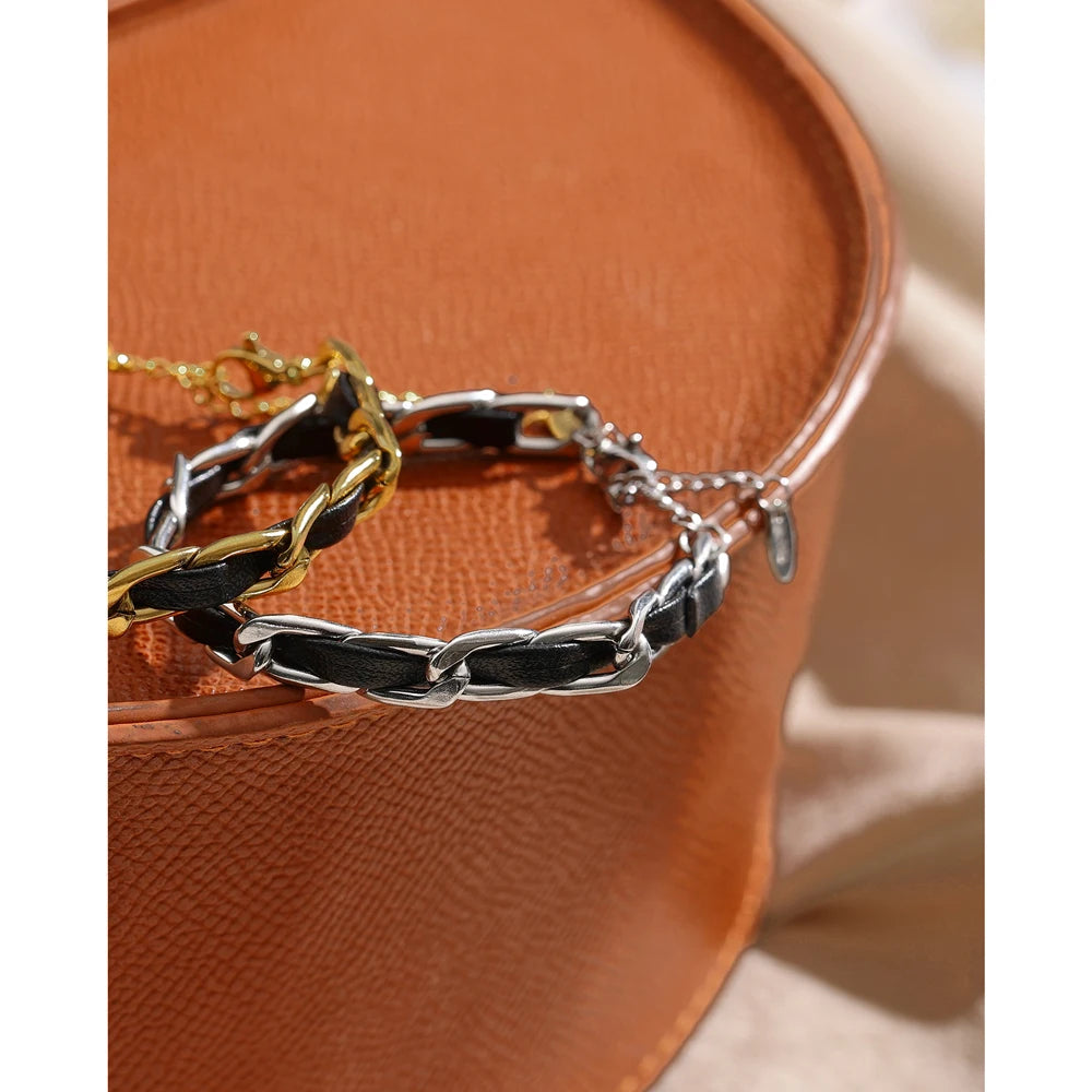 Trendy Leather & Steel Charm Bracelet