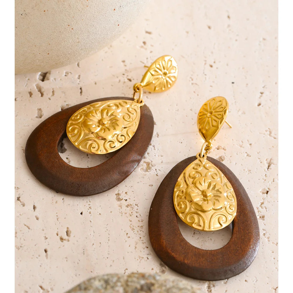 Ornate Wood Drop Earrings
