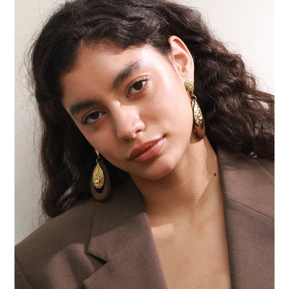 Ornate Wood Drop Earrings