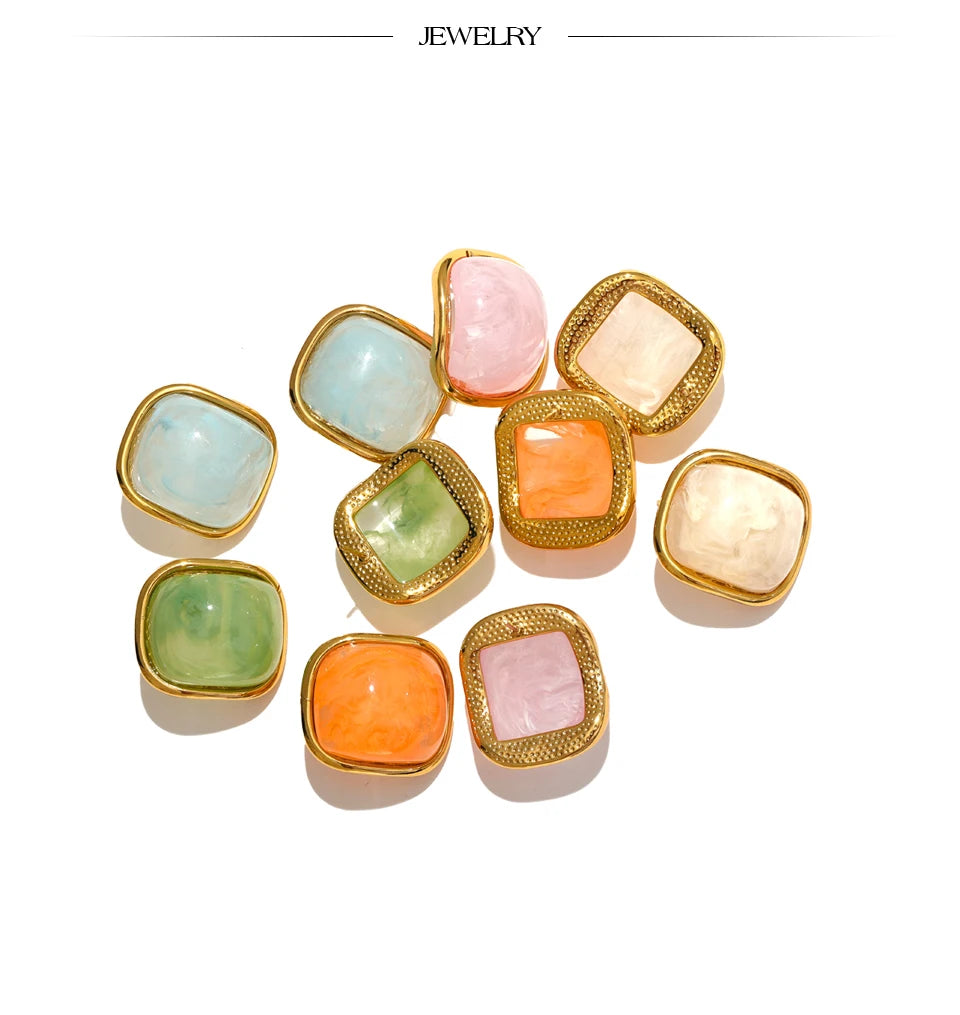 Golden Square Resin Stud Earrings