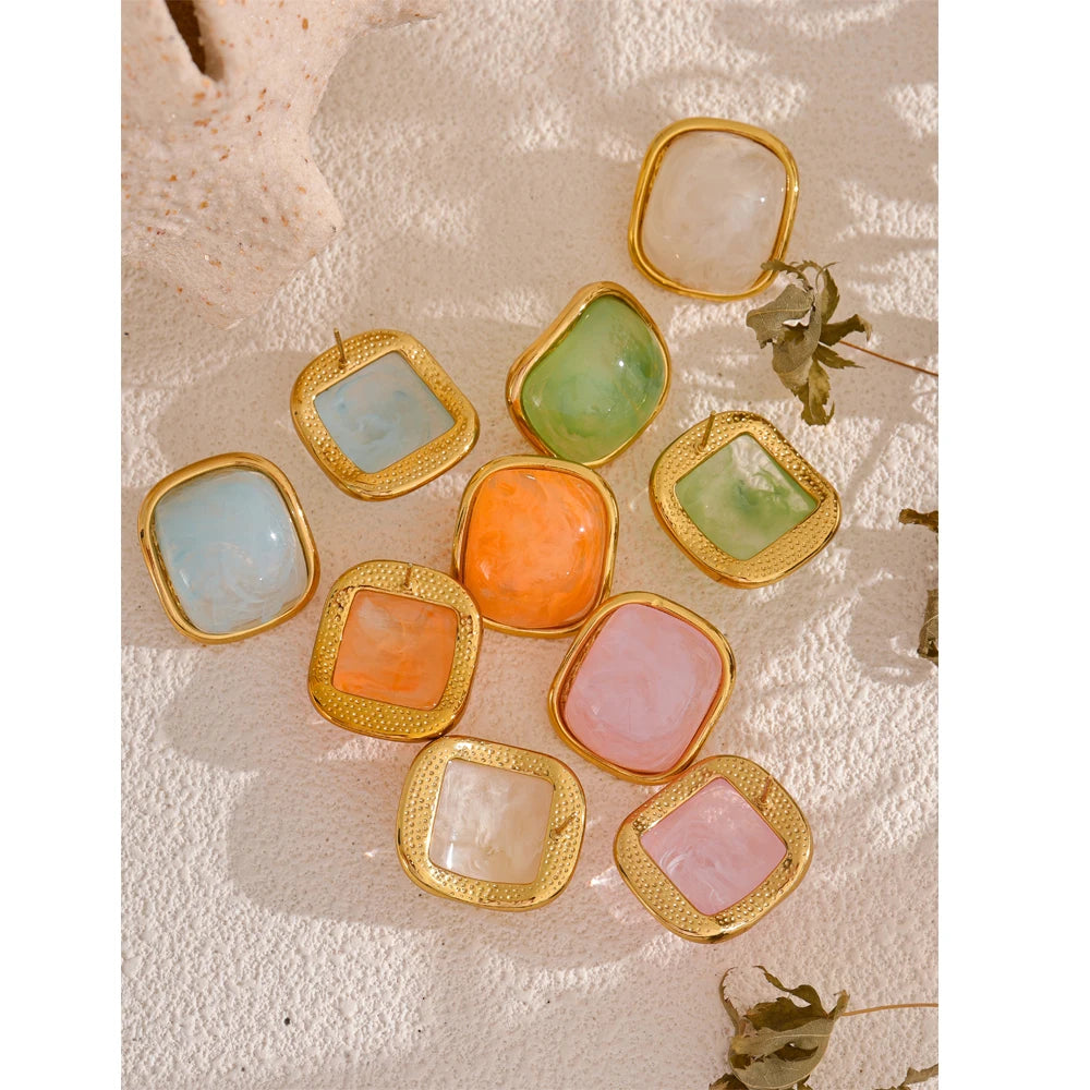 Golden Square Resin Stud Earrings