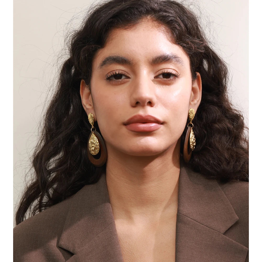 Ornate Wood Drop Earrings