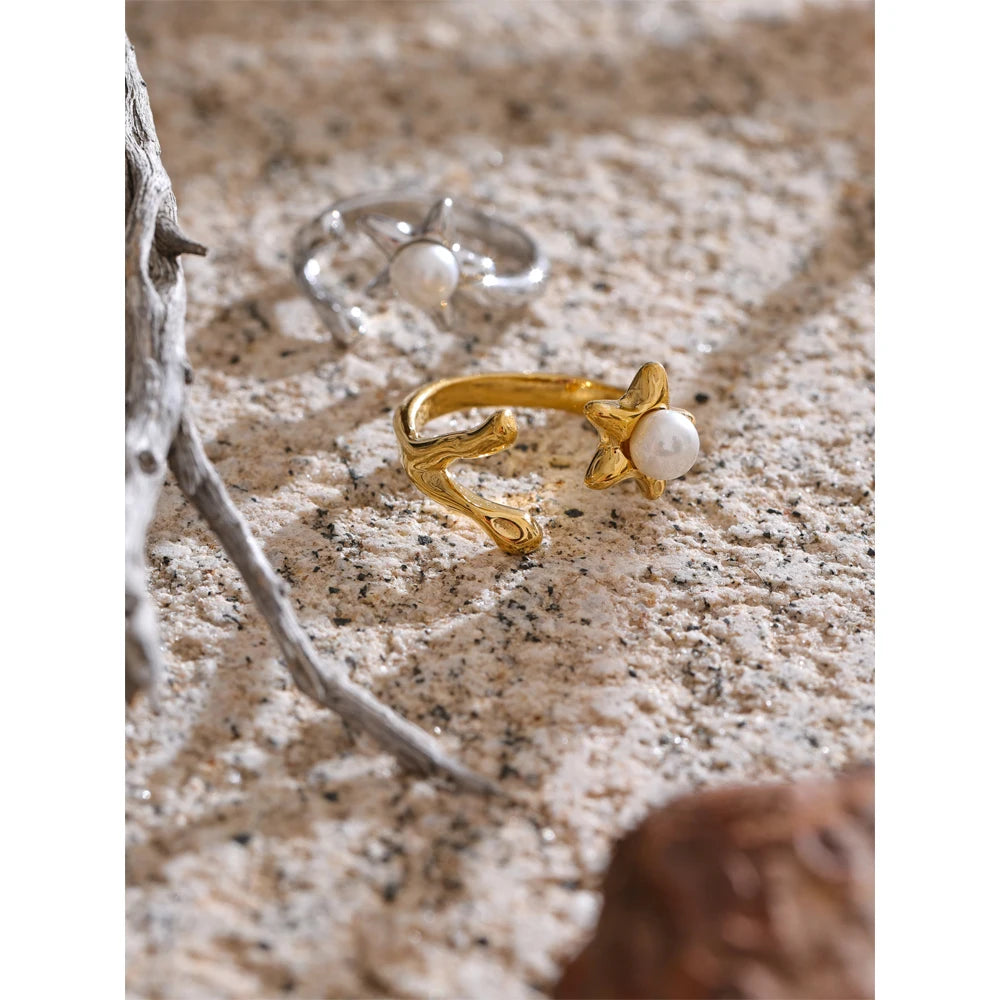 Pearl Flower Open Adjustable Ring