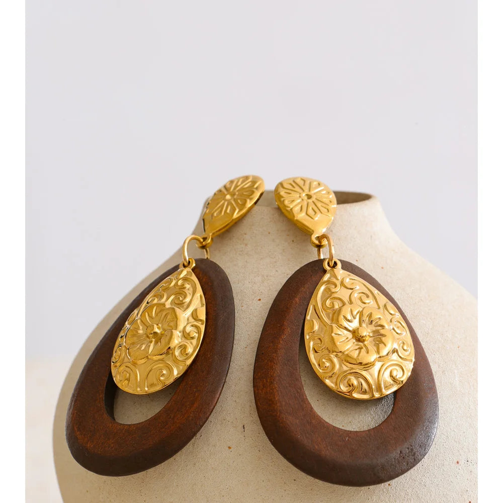 Ornate Wood Drop Earrings