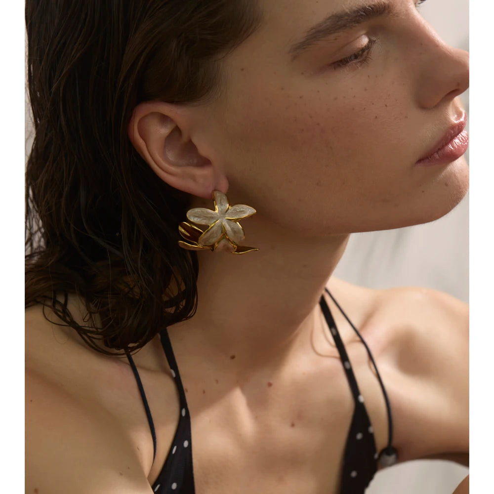 Enamel Golden Flower Earrings